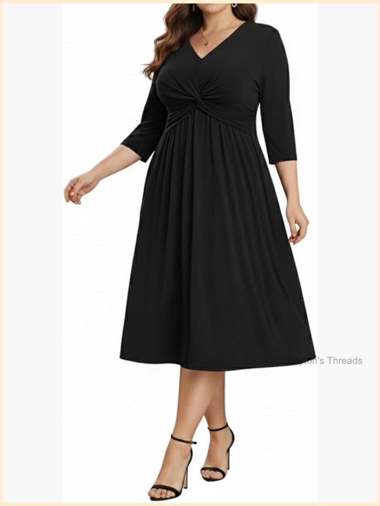 Plus Size Twist Knot V Neck 3/4 Sleeve A Line Midi Dress - Wedding Guest